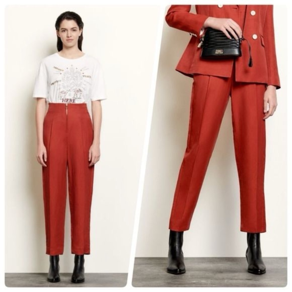 Sandro terracotta red Betty high waist linen blend ankle pants - size 2 (34) - Picture 3 of 10